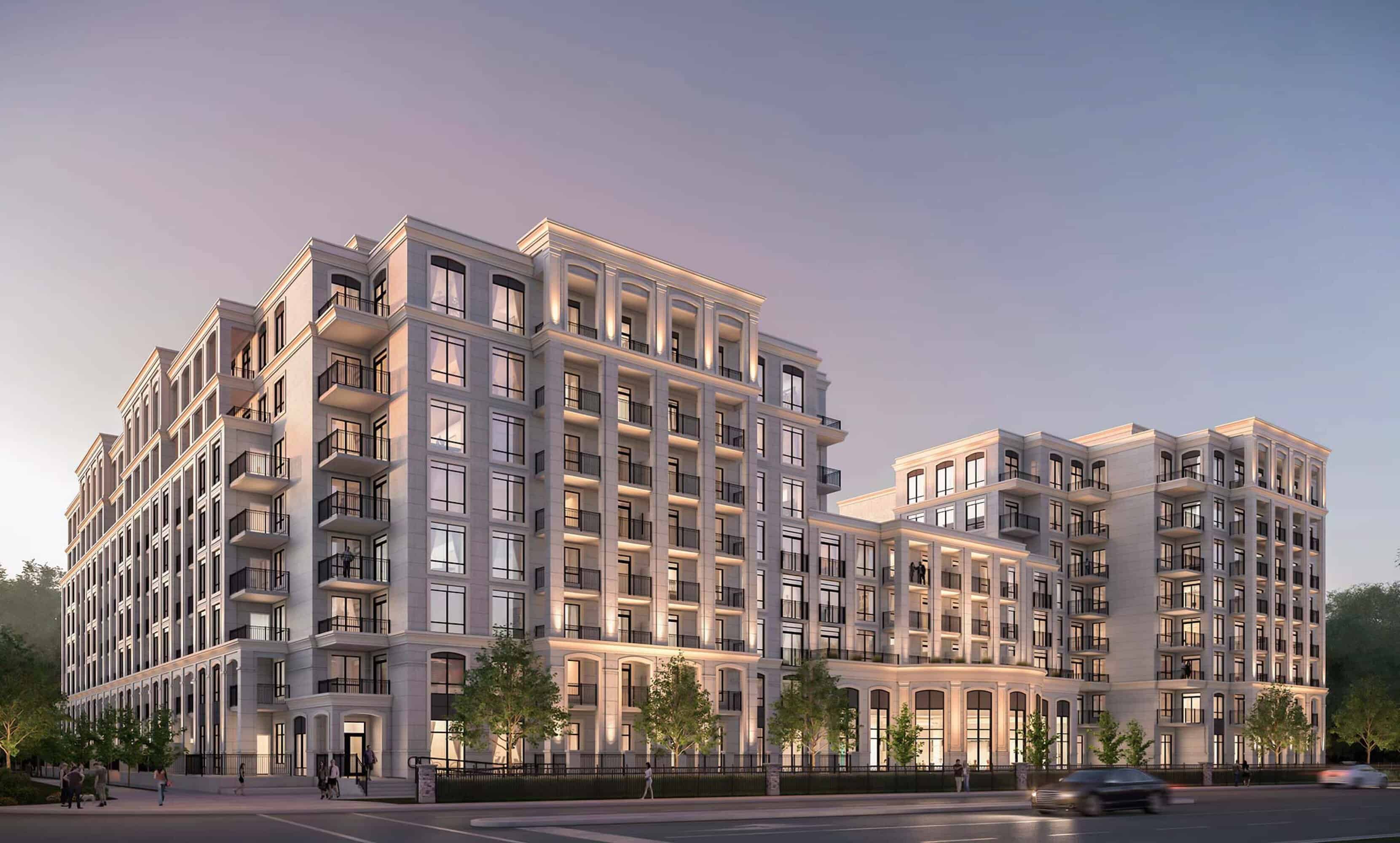 condo building lit dusk