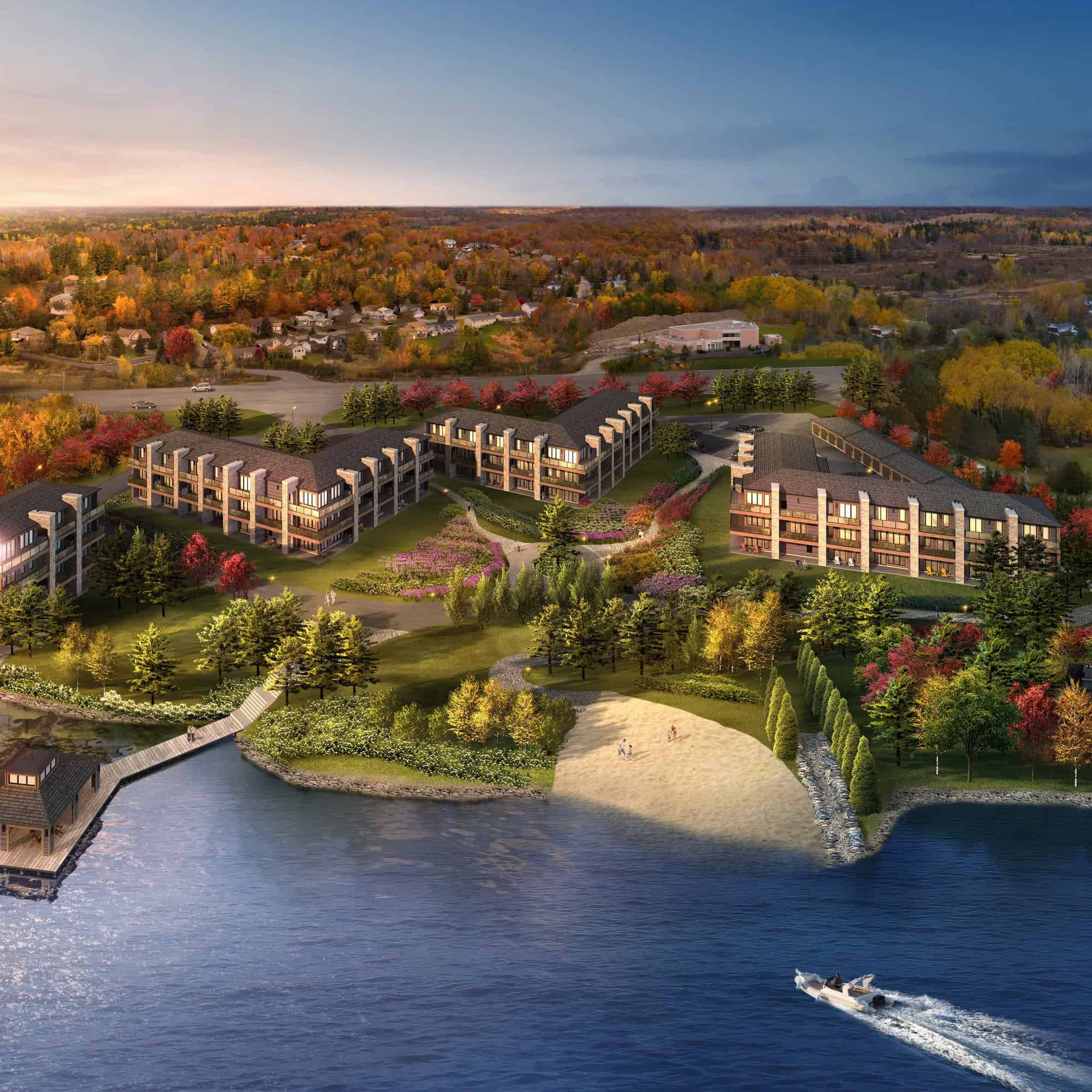 Crescent Bay exterior birds eye lake and building