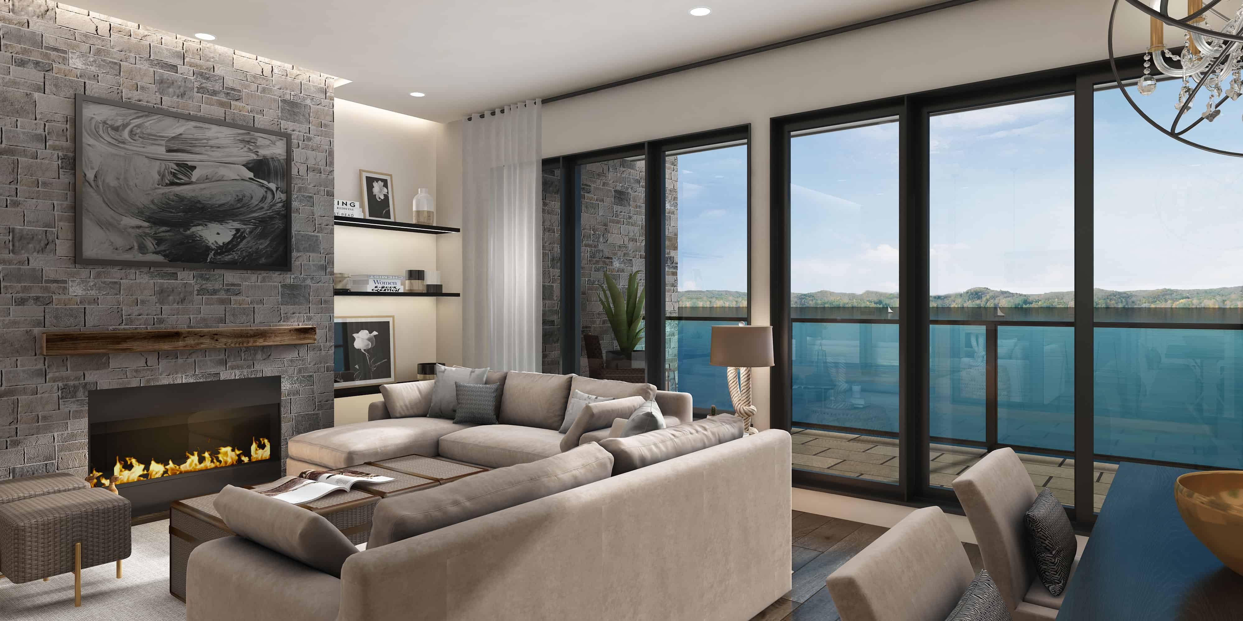 Crescent Bay suite fireplace living room lakeview