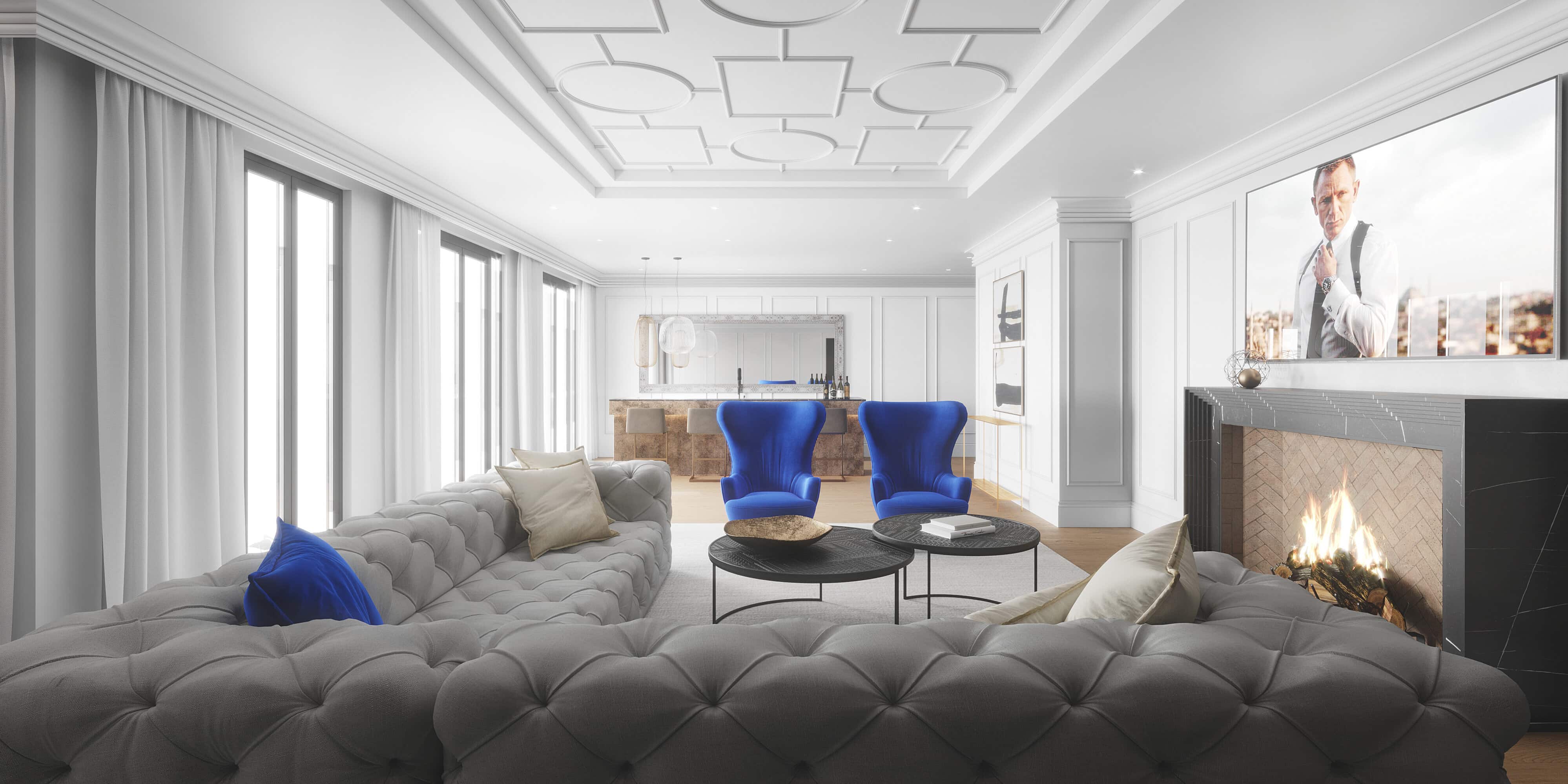 McGibbon condo fireplace kitchen room