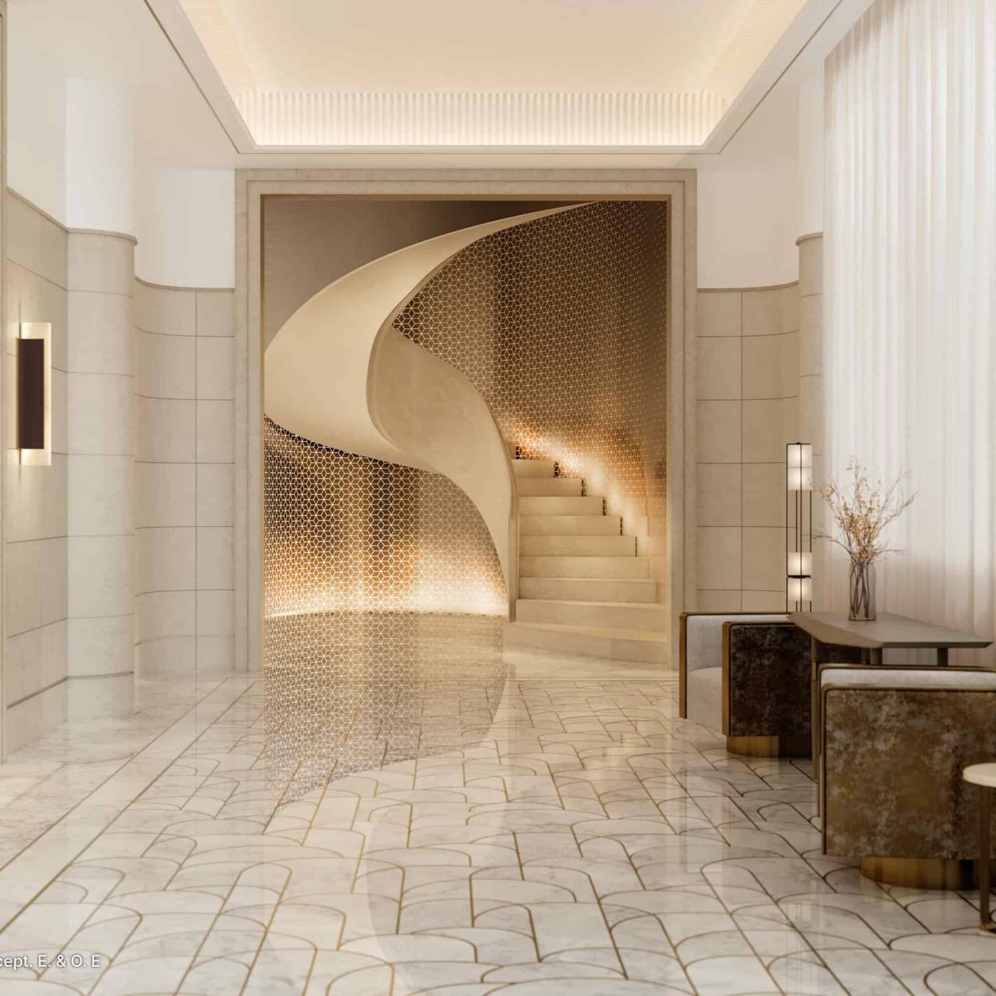 glenhill lobby with staircase and fancy tiles