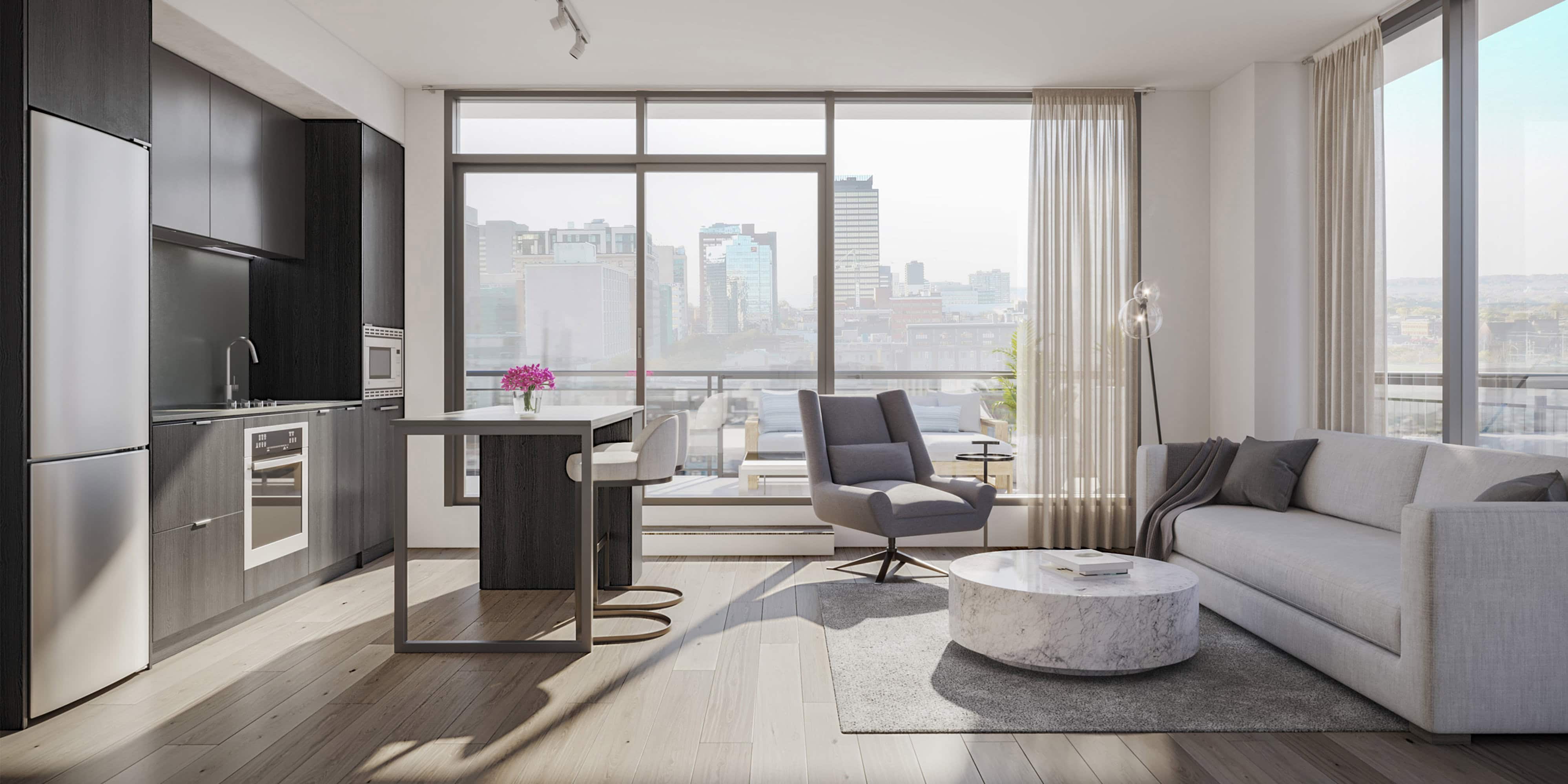 one jarvis suite kitchen livingroom balcony